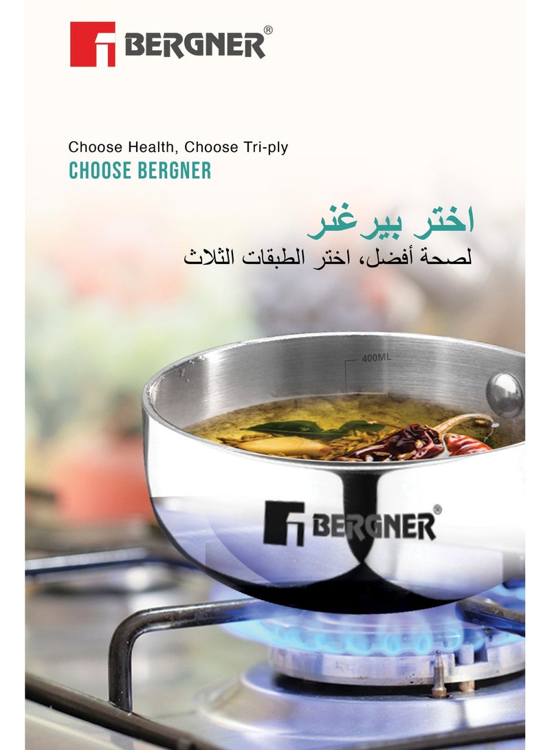 Bergner TriPro 12cm (500ml) Tri-Ply Stainless Steel  Tadka Pan, Spice Tempering & Seasoning Mini Frying Pan with Scale, Long Wire Handle, Smooth Surface Cookware, Induction & Gas Stove Compatible - Image 4